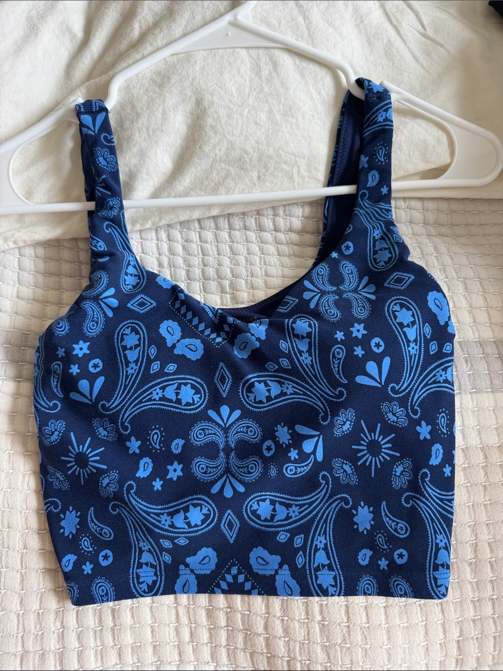aerie Navy and Light Blue Paisley Crop Tank Top with Built in Bra